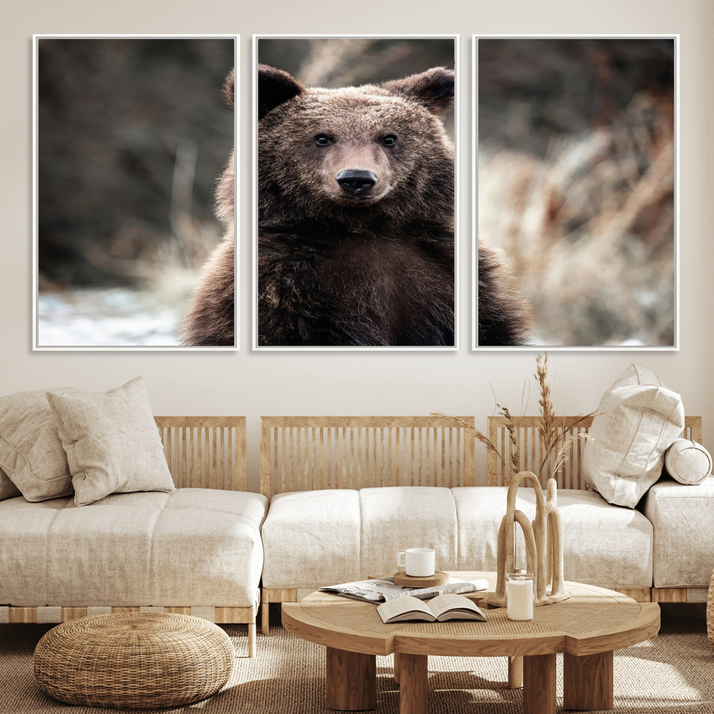 47112103-MGV-CV-36X24-Brown Bear Wall Art Canvas Print, Framed Forest Wildlife Art Picture Print, Woodland Bear Perfect Rustic Cabin Decor Artwork