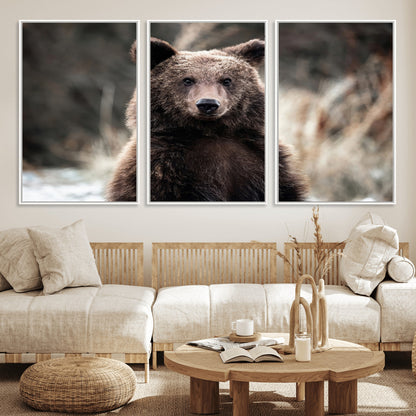 47112103-MGV-FC-60X30-3P_White-Brown Bear Wall Art Canvas Print, Framed Forest Wildlife Art Picture Print, Woodland Bear Perfect Rustic Cabin Decor Artwork