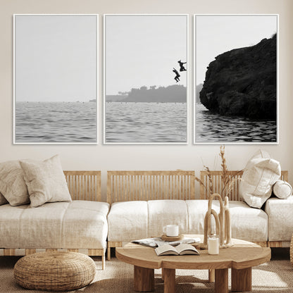 52284302-MGV-CV-36X24-Cliff Jumping Wall Art Canvas Print, Framed Ocean Adventure Art Picture Print, Black White Coast Perfect Modern Coastal Decor