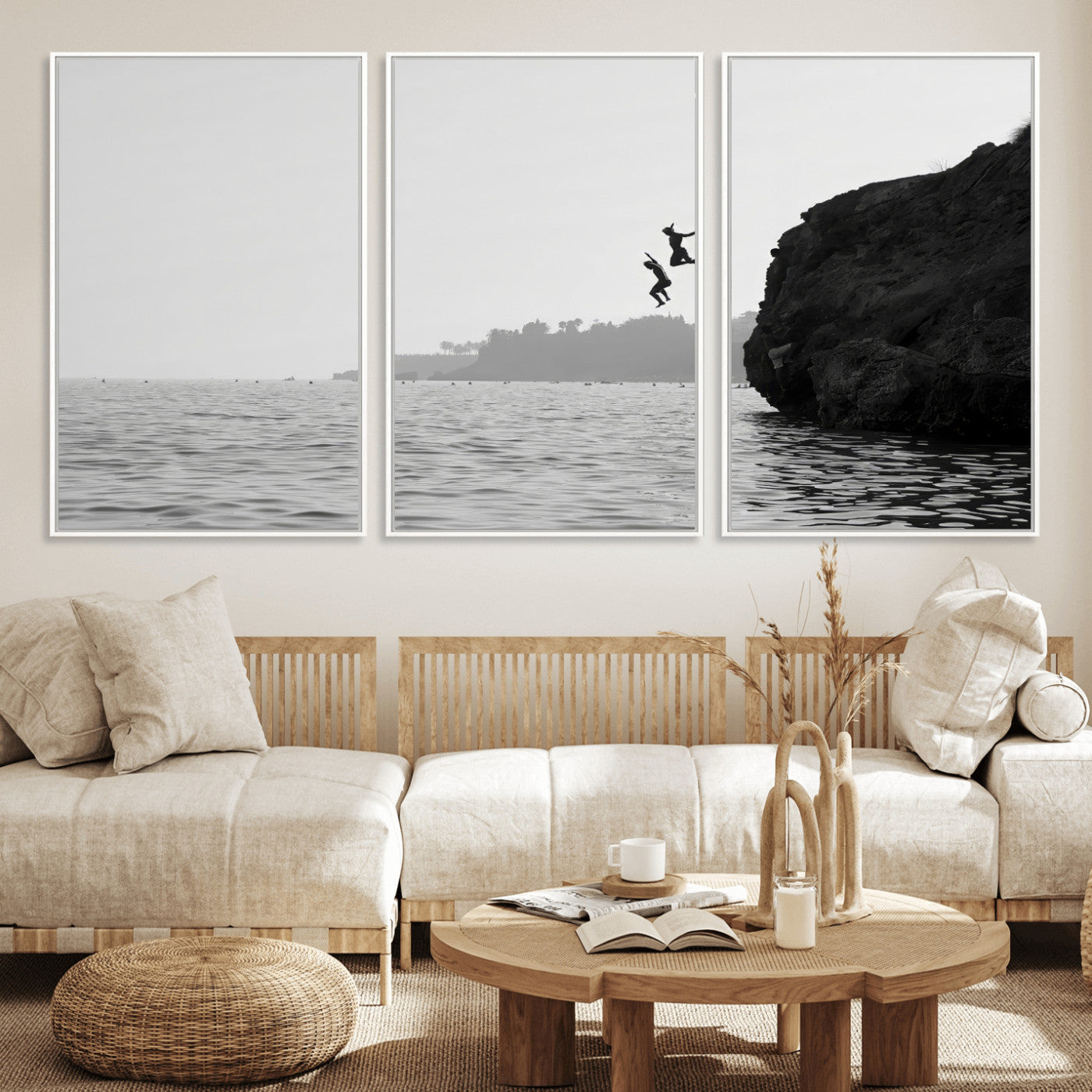 52284302-MGV-FC-60X30-3P_White-Cliff Jumping Wall Art Canvas Print, Framed Ocean Adventure Art Picture Print, Black White Coast Perfect Modern Coastal Decor