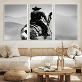 83102464-MGV-FC-60X30-3P_White-Western Cowboy Wall Art Canvas Print, Framed Monochrome Horse Art Picture Print, Western Equestrian Perfect Rustic Western Decor
