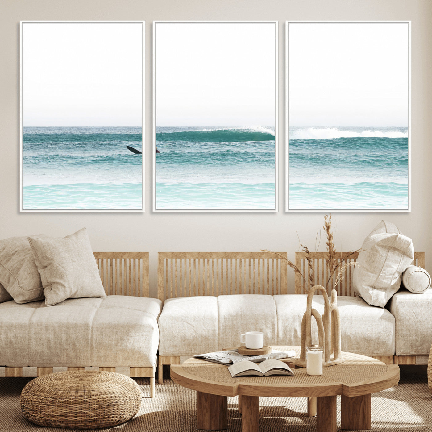 56345117-MGV-CV-36X24-Minimalist Surfing Wall Art Canvas Print, Framed Ocean Waves Art Picture Print, Soft Ocean Perfect Minimalist Coastal Decor