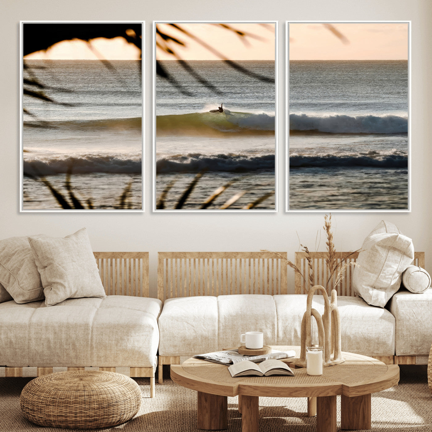 24896468-MGV-CV-36X24-Sunset Surf Wall Art Canvas Print, Framed Golden Waves Art Picture Print, Tropical Ocean Perfect Tropical Boho Decor Artwork