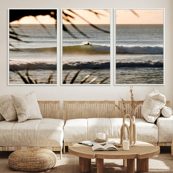 24896468-MGV-CV-36X24-Sunset Surf Wall Art Canvas Print, Framed Golden Waves Art Picture Print, Tropical Ocean Perfect Tropical Boho Decor Artwork