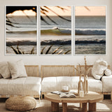 24896468-MGV-FC-60X30-3P_White-Sunset Surf Wall Art Canvas Print, Framed Golden Waves Art Picture Print, Tropical Ocean Perfect Tropical Boho Decor Artwork