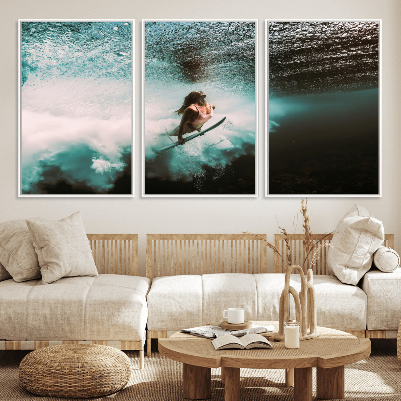 85923512-MGV-FC-60X30-3P_White-Aquatic Motion Wall Art Canvas Print, Framed Underwater Swimming Art Picture Print, Female Surfer Diving Perfect Coastal Boho