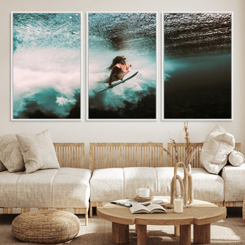 85923512-MGV-FC-60X30-3P_White-Aquatic Motion Wall Art Canvas Print, Framed Underwater Swimming Art Picture Print, Female Surfer Diving Perfect Coastal Boho