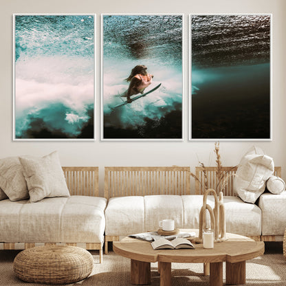 85923512-MGV-FC-60X30-3P_White-Aquatic Motion Wall Art Canvas Print, Framed Underwater Swimming Art Picture Print, Female Surfer Diving Perfect Coastal Boho
