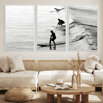 19875284-MGV-CV-36X24-Surfer Waves Wall Art Canvas Print, Framed Black White Surf Art Picture Print, Monochrome Ocean Perfect Modern Coastal Decor