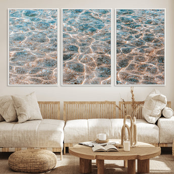 26580287-MGV-FC-60X30-3P_White-Clear Water Wall Art Canvas Print, Framed Sunlit Ripples Art Picture Print, Ocean Texture Perfect Modern Coastal Decor Artwork