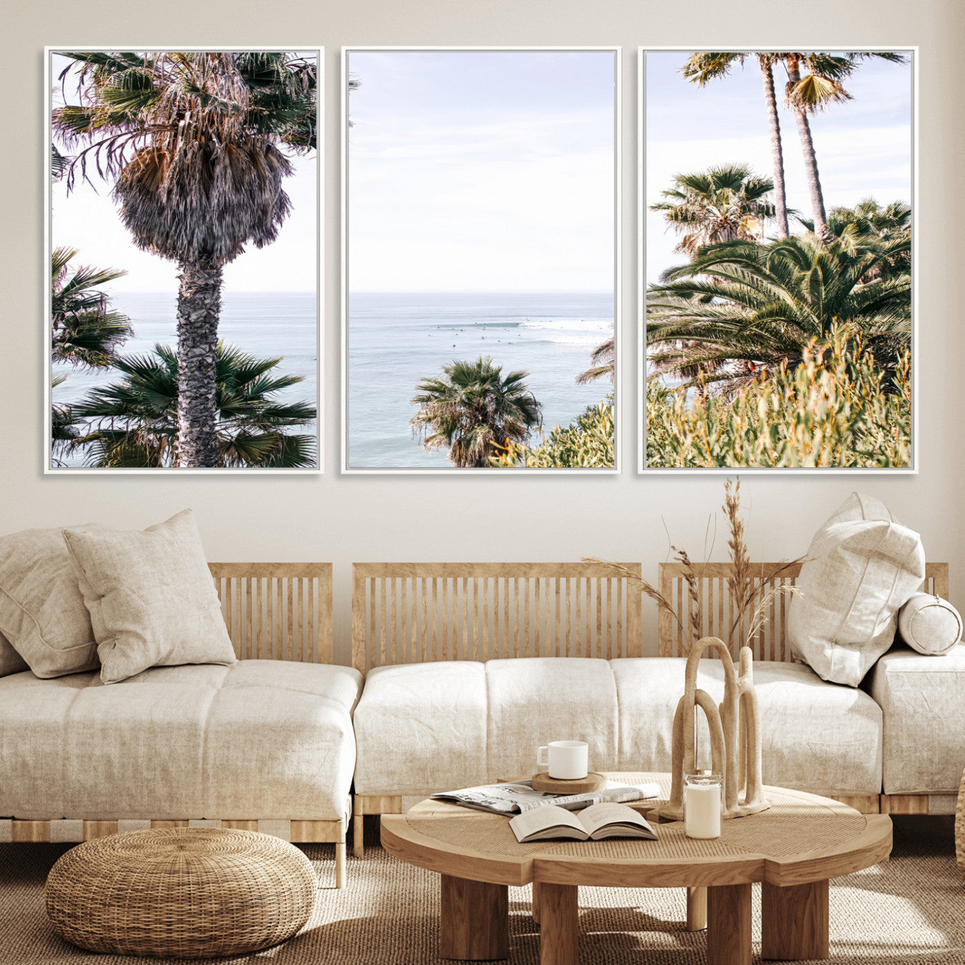 51404565-MGV-FC-60X30-3P_White-Palm Trees Wall Art Canvas Print, Framed Ocean Breeze Art Picture Print, Coastal View Perfect Tropical Coastal Decor Artwork
