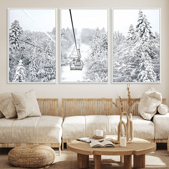 44705668-MGV-FC-60X30-3P_White-Winter Forest Wall Art Canvas Print, Framed Snowy Forest Art Picture Print, Ski Lift Perfect Scandinavian Decor Artwork