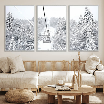 44705668-MGV-FC-60X30-3P_White-Winter Forest Wall Art Canvas Print, Framed Snowy Forest Art Picture Print, Ski Lift Perfect Scandinavian Decor Artwork