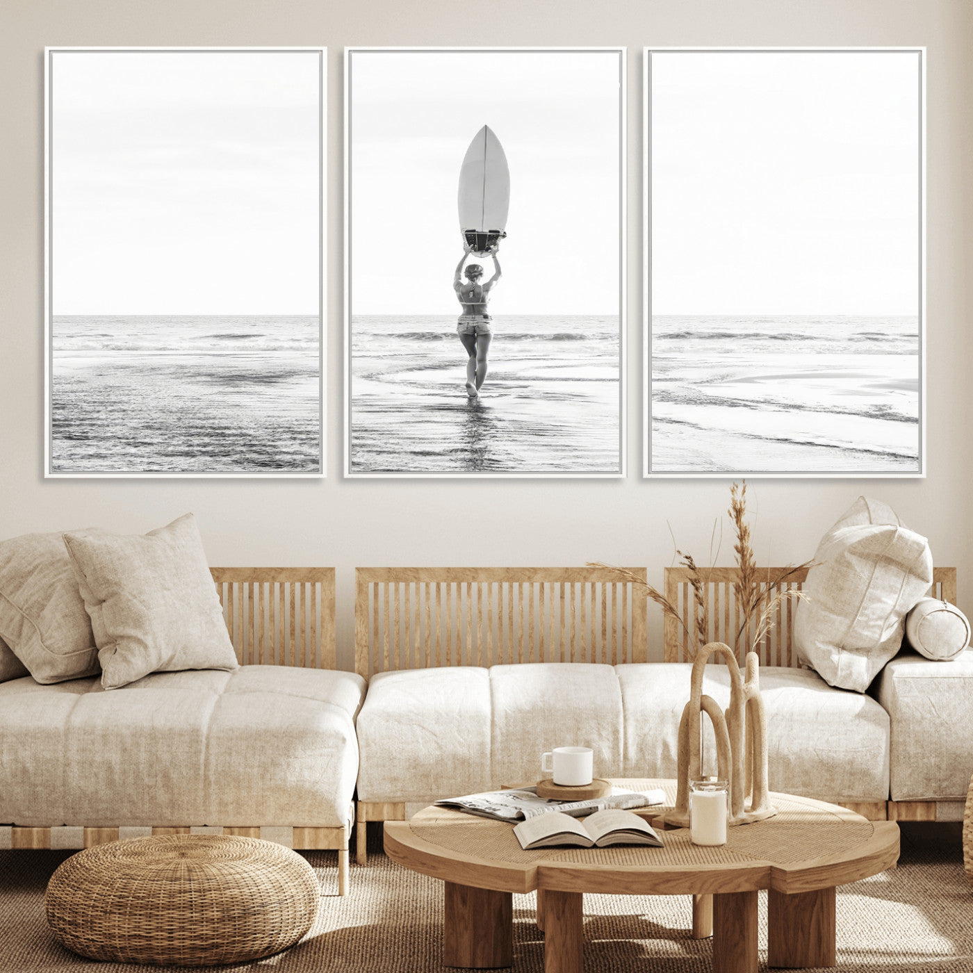 98446901-MGV-FC-60X30-3P_White-Monochrome Surf Wall Art Canvas Print, Framed Minimalist Surfer Art Picture Print, Surfboard Silhouette Perfect Coastal Minimalist