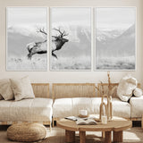 62278753-MGV-FC-60X30-3P_White-Monochrome Elk Wall Art Canvas Print, Framed Mountain Wildlife Art Picture Print, Rustic Nature Perfect Rustic Minimalist Decor