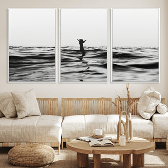69541918-MGV-FC-60X30-3P_White-Black White Ocean Wall Art Canvas Print, Framed Moody Seascape Art Picture Print, Surfer Sign Perfect Moody Minimalist Decor