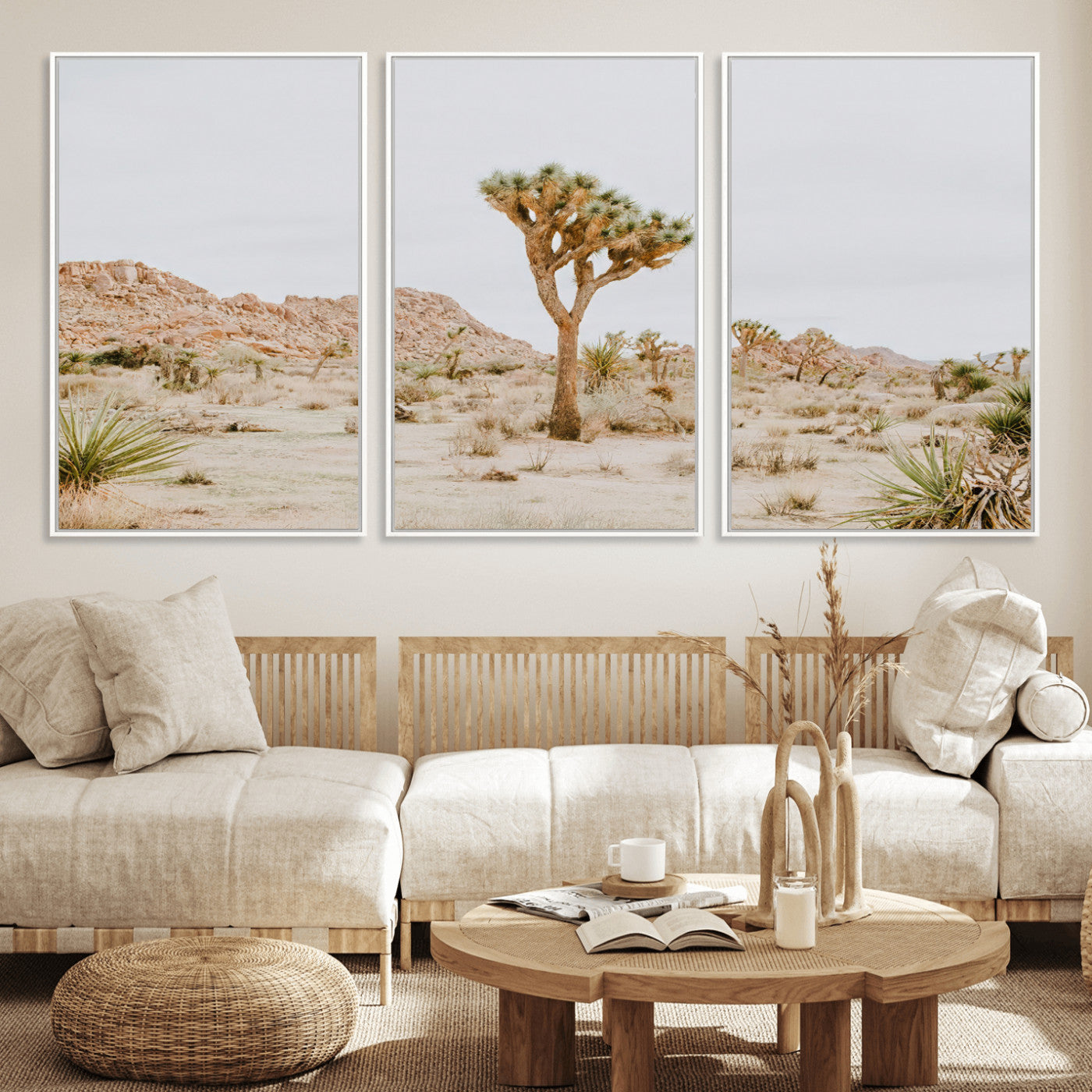 67109959-MGV-FC-60X30-3P_White-Joshua Tree Wall Art Canvas Print, Framed Neutral Desert Art Picture Print, Earthy Landscape Perfect Neutral Boho Decor Artwork