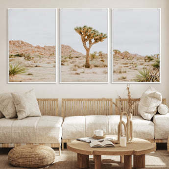 67109959-MGV-FC-60X30-3P_White-Joshua Tree Wall Art Canvas Print, Framed Neutral Desert Art Picture Print, Earthy Landscape Perfect Neutral Boho Decor Artwork