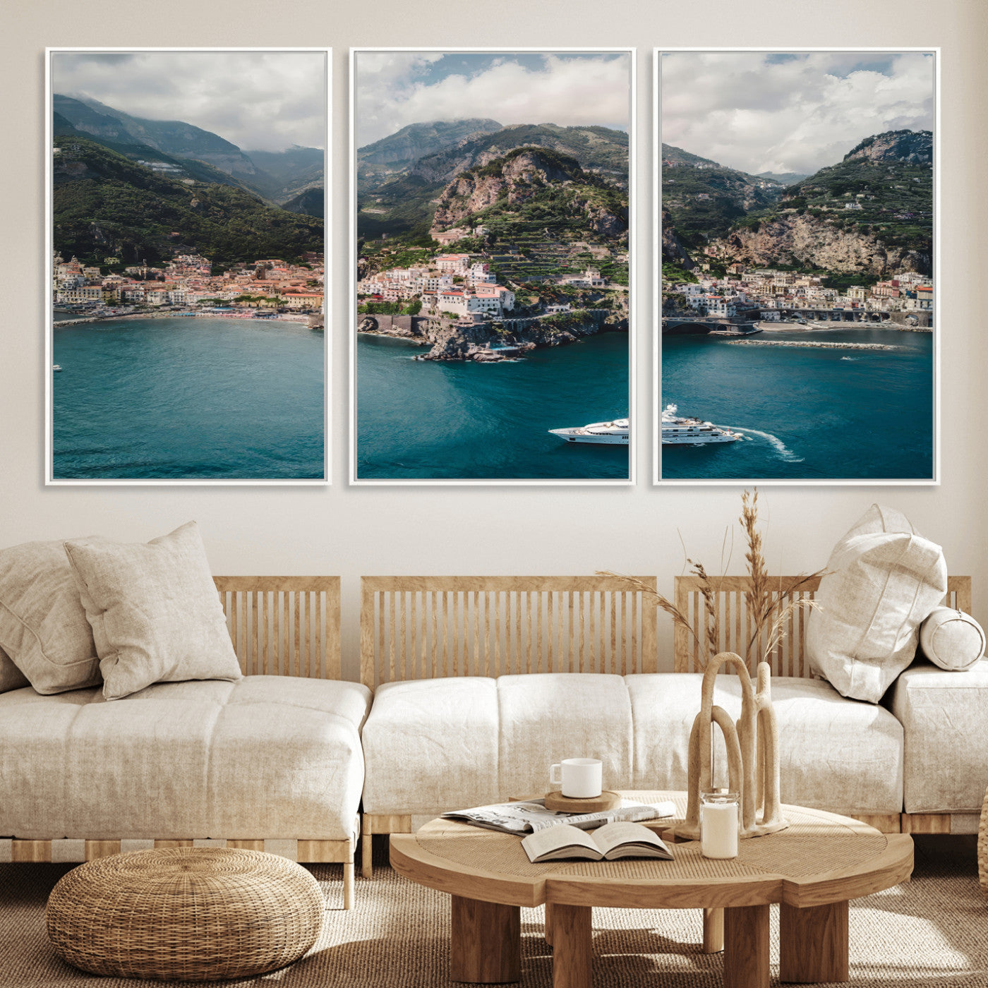 20321590-MGV-FC-60X30-3P_White-Amalfi Coast Wall Art Canvas Print, Framed Italy Travel Art Picture Print, Mediterranean Landscape Perfect Mediterranean Coastal