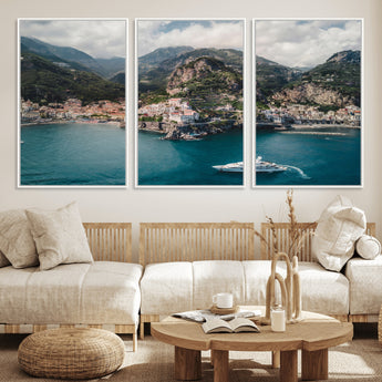 20321590-MGV-FC-60X30-3P_White-Amalfi Coast Wall Art Canvas Print, Framed Italy Travel Art Picture Print, Mediterranean Landscape Perfect Mediterranean Coastal