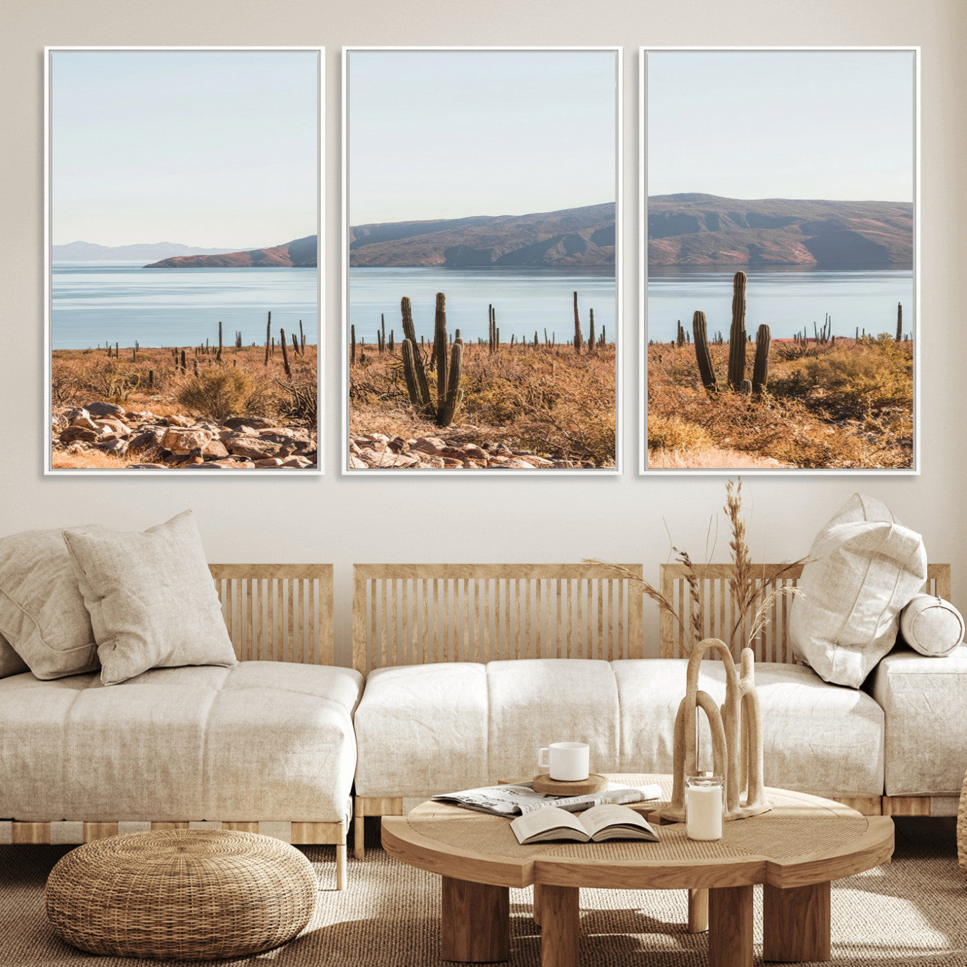 45193515-MGV-FC-60X30-3P_White-Desert Cactus Wall Art Canvas Print, Framed Baja Coastline Art Picture Print, Coastal Desert Perfect Southwestern Minimalist Decor