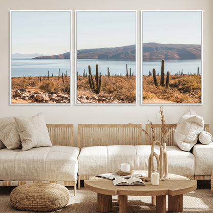 45193515-MGV-FC-60X30-3P_White-Desert Cactus Wall Art Canvas Print, Framed Baja Coastline Art Picture Print, Coastal Desert Perfect Southwestern Minimalist Decor