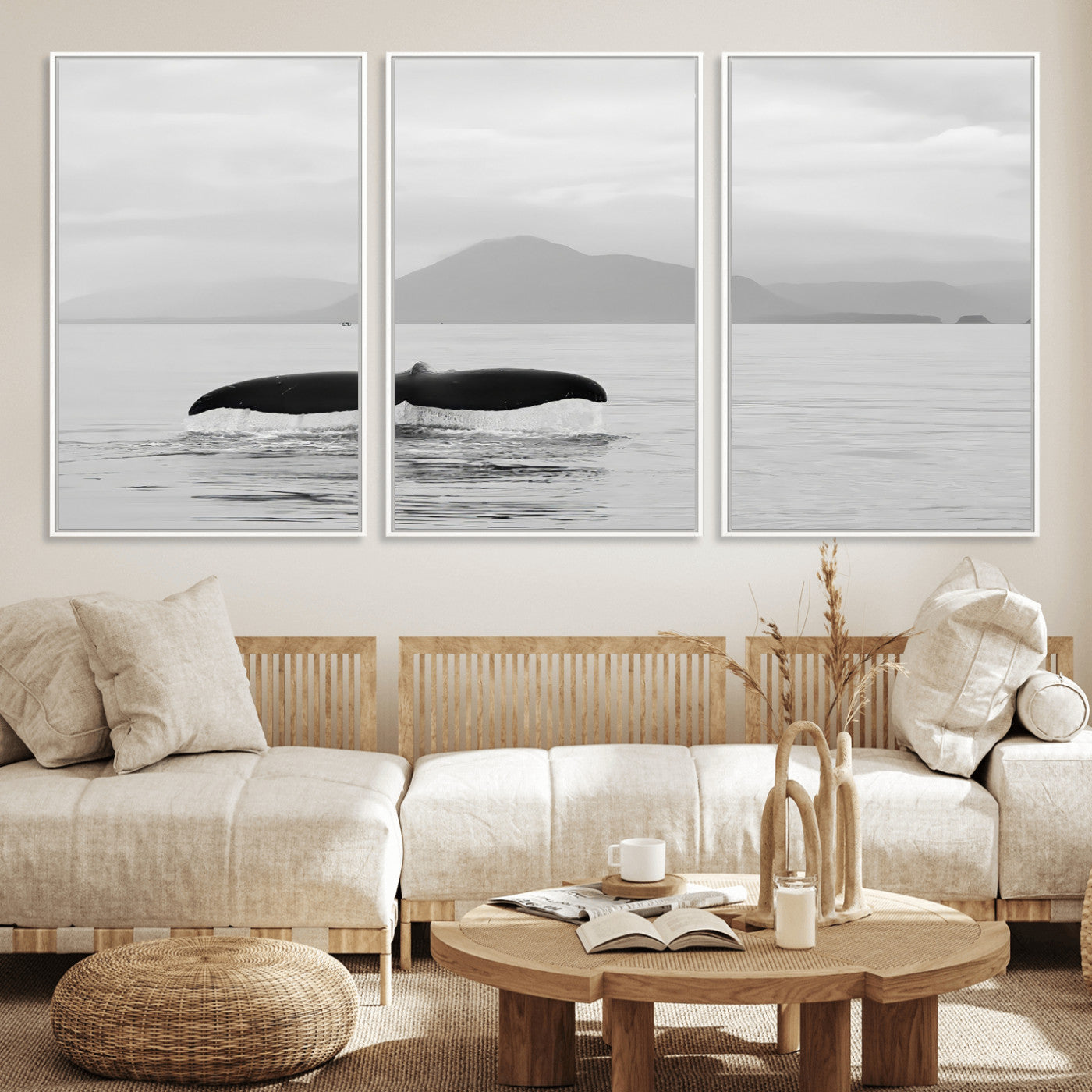 30524220-MGV-FC-60X30-3P_White-Whale Tail Wall Art Canvas Print, Framed Black White Ocean Art Picture Print, Calm Marine Perfect Minimalist Coastal Decor Artwork