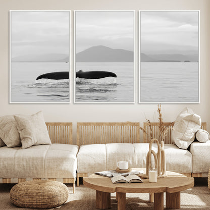 30524220-MGV-FC-60X30-3P_White-Whale Tail Wall Art Canvas Print, Framed Black White Ocean Art Picture Print, Calm Marine Perfect Minimalist Coastal Decor Artwork
