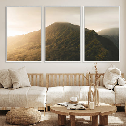 42338636-MGV-CV-36X24-Golden Mountain Wall Art Canvas Print, Framed Misty Summit Art Picture Print, Rugged Landscape Perfect Moody Wilderness Decor