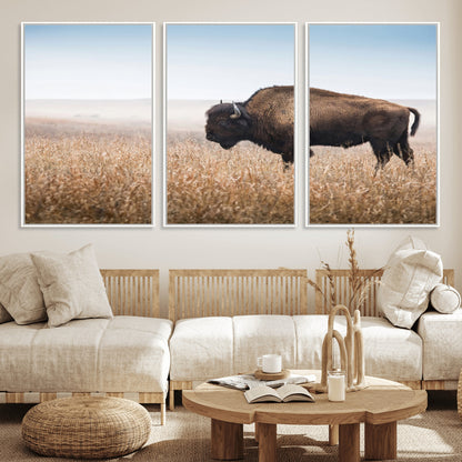 99620201-MGV-CV-36X24-Wild Bison Wall Art Canvas Print, Framed Bison in Prairie Art Picture Print, Rustic Western Perfect Rustic Western Decor Artwork