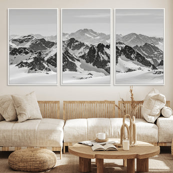 46884246-MGV-FC-60X30-3P_White-Snowy Mountain Wall Art Canvas Print, Framed Mountain Peaks Art Picture Print, Alpine Mountains Perfect Minimalist Alpine Decor