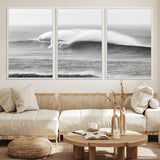 42544082-MGV-FC-60X30-3P_White-Monochrome Seascape Wall Art Canvas Print, Framed Surf Wave Art Picture Print, Minimalist Ocean Perfect Moody Coastal Decor