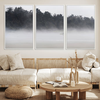 59703275-MGV-CV-36X24-Surfer in Fog Wall Art Canvas Print, Framed Foggy Beach Art Picture Print, Coastal Surf Perfect Moody Coastal Decor Artwork