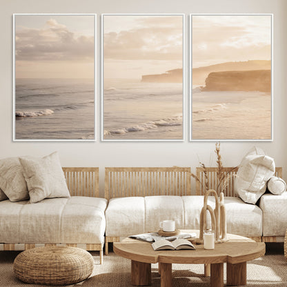 57669769-MGV-CV-36X24-Misty Coastal Wall Art Canvas Print, Framed Golden Sunset Art Picture Print, Serene Shoreline Perfect Tranquil Coastal Decor