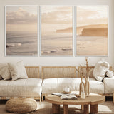 57669769-MGV-FC-60X30-3P_White-Misty Coastal Wall Art Canvas Print, Framed Golden Sunset Art Picture Print, Serene Shoreline Perfect Tranquil Coastal Decor