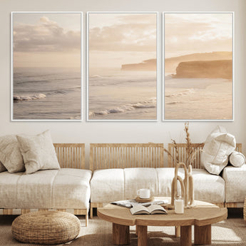 57669769-MGV-FC-60X30-3P_White-Misty Coastal Wall Art Canvas Print, Framed Golden Sunset Art Picture Print, Serene Shoreline Perfect Tranquil Coastal Decor