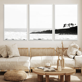 40875891-MGV-CV-36X24-SurferCliffs Wall Art Canvas Print, Framed Black White Beach Art Picture Print, Ocean Waves Perfect Minimalist Coastal Decor