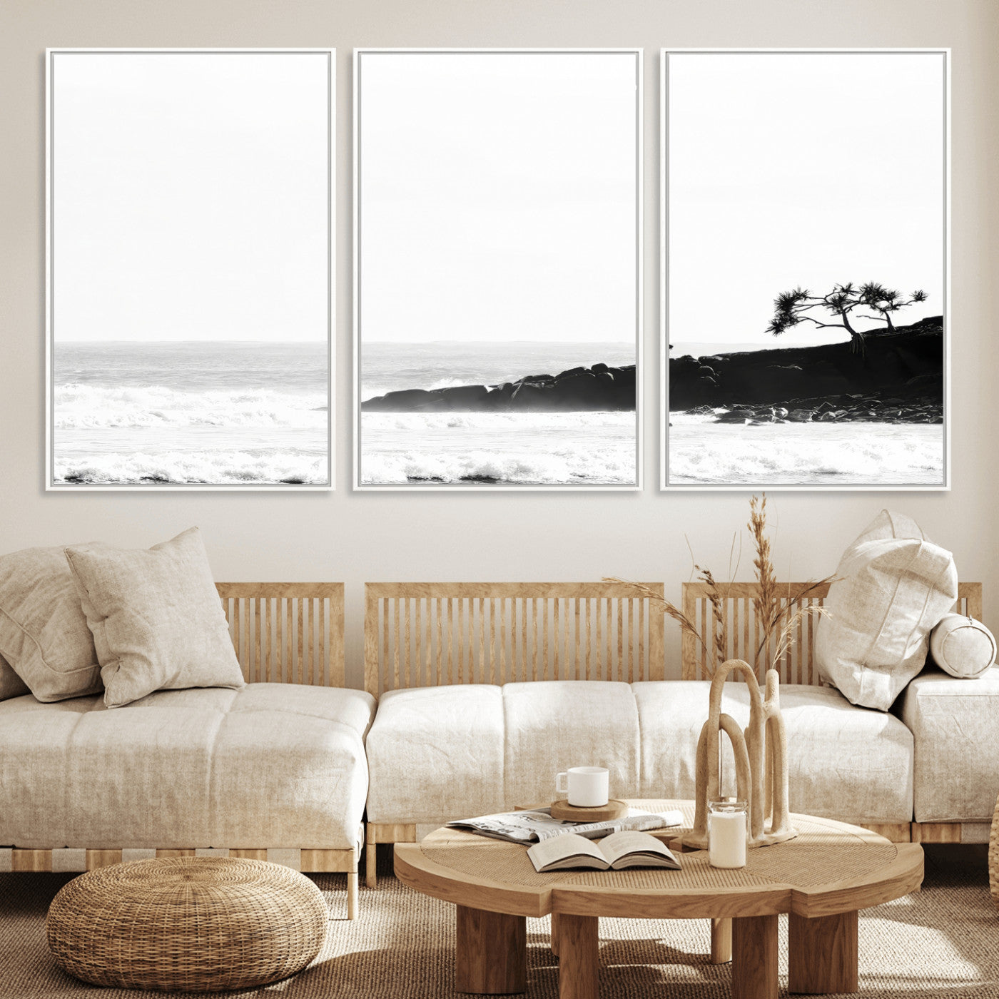 40875891-MGV-FC-60X30-3P_White-SurferCliffs Wall Art Canvas Print, Framed Black White Beach Art Picture Print, Ocean Waves Perfect Minimalist Coastal Decor