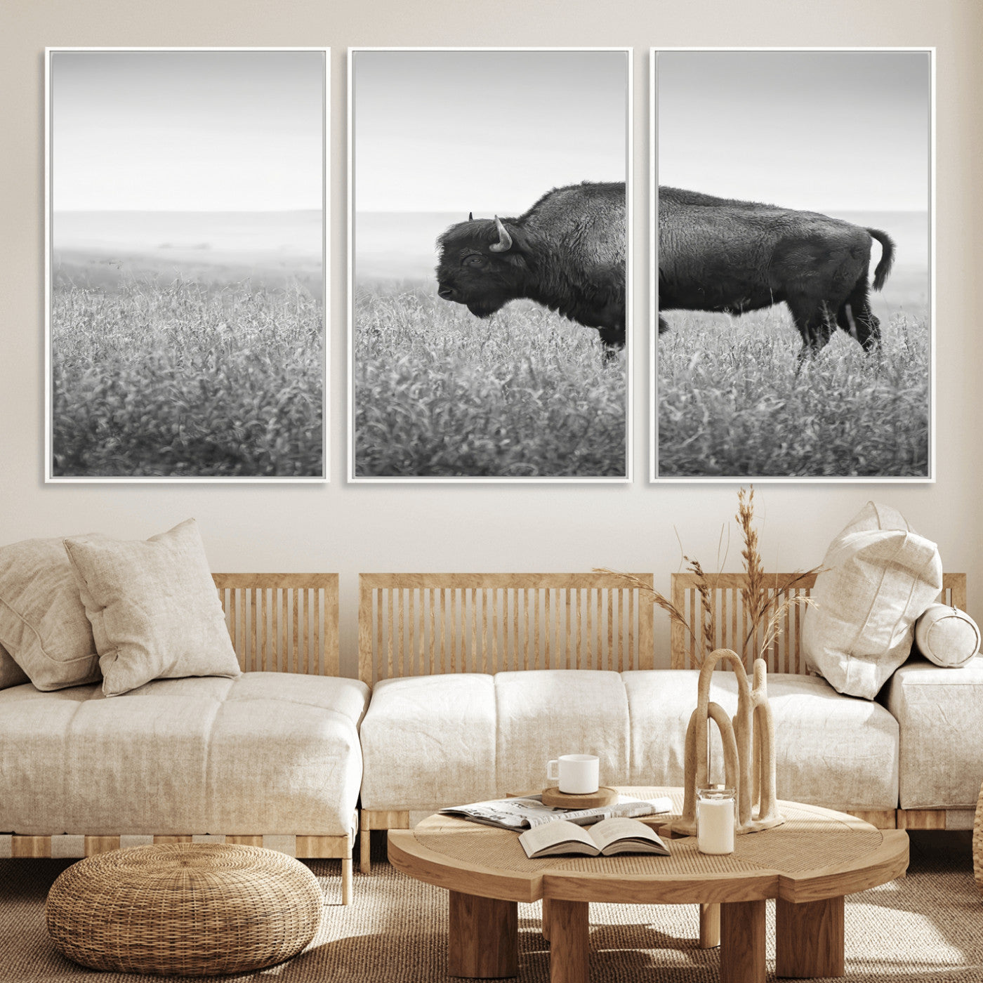28435251-MGV-CV-36X24-Bison In Prairie Wall Art Canvas Print, Framed Rustic Wildlife Art Picture Print, Wild Buffalo Perfect Rustic Western Decor
