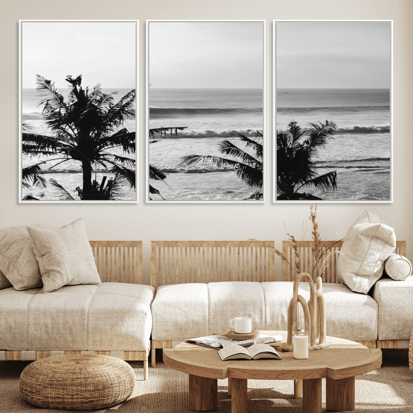 17508038-MGV-FC-60X30-3P_White-Tropical Coastline Wall Art Canvas Print, Framed Palm Trees Art Picture Print, Ocean Waves Perfect Minimalist Coastal Decor