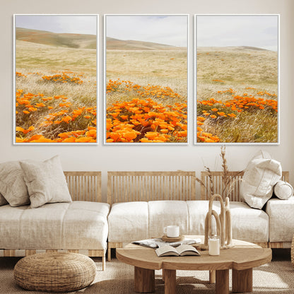 28972262-MGV-CV-36X24-Golden Wildflowers Wall Art Canvas Print, Framed Hills Bloom Art Picture Print, Poppy Meadow Perfect Rustic Nature Decor Artwork