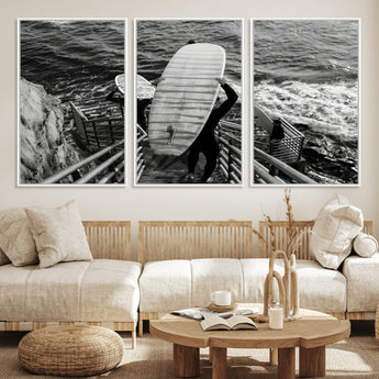 32353707-MGV-CV-36X24-Black White Surfing Wall Art Canvas Print, Framed Coastal Surfing Art Picture Print, Wave Riders Perfect Coastal Adventure Decor