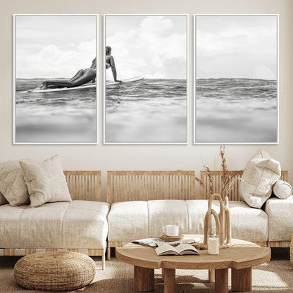 69798068-MGV-FC-60X30-3P_White-Black White Surfing Wall Art Canvas Print, Framed Ocean Horizon Art Picture Print, Surfer Girl Perfect Coastal Adventure Decor