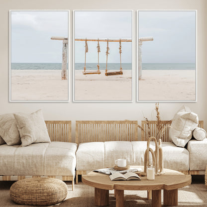 68327283-MGV-CV-36X24-Beach Swing Wall Art Canvas Print, Framed Quiet Beach Art Picture Print, Calm Shoreline Perfect Bohemian Coastal Decor Artwork