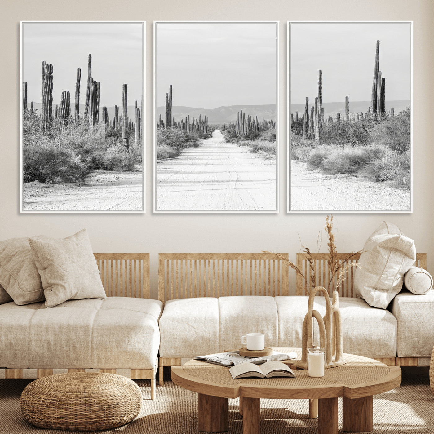 35537313-MGV-CV-36X24-Monochrome Desert Wall Art Canvas Print, Framed Cactus Path Art Picture Print, Southwestern Landscape Perfect Southwestern