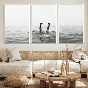 26667396-MGV-FC-60X30-3P_White-Black White Ocean Wall Art Canvas Print, Framed Monochrome Water Art Picture Print, Diving into Water Perfect Minimalist Aquatic