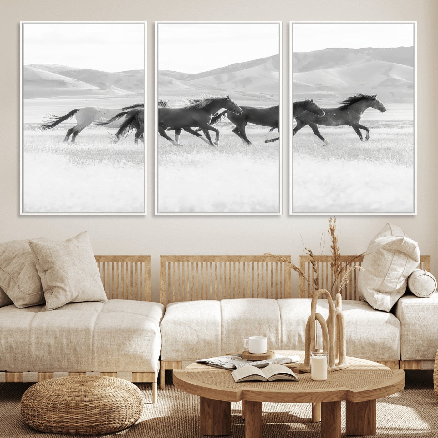 69934913-MGV-FC-60X30-3P_White-Wild Horses Running Wall Art Canvas Print, Framed Black White Mustangs Art Picture Print, Rustic Western Perfect Rustic Western