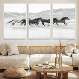 69934913-MGV-FC-60X30-3P_White-Wild Horses Running Wall Art Canvas Print, Framed Black White Mustangs Art Picture Print, Rustic Western Perfect Rustic Western