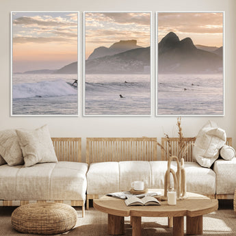 70644906-MGV-FC-60X30-3P_White-Sunset Surfing Wall Art Canvas Print, Framed Misty Mountains Art Picture Print, Surfer Riding Wave Perfect Coastal Adventure Decor