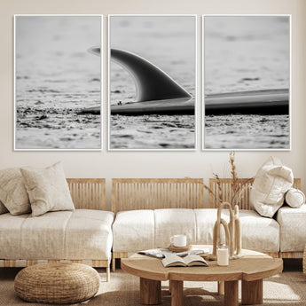 62314230-MGV-FC-60X30-3P_White-Black White Surfboard Wall Art Canvas Print, Framed Minimalist Beach Art Picture Print, Surf Fin Perfect Minimalist Coastal Decor